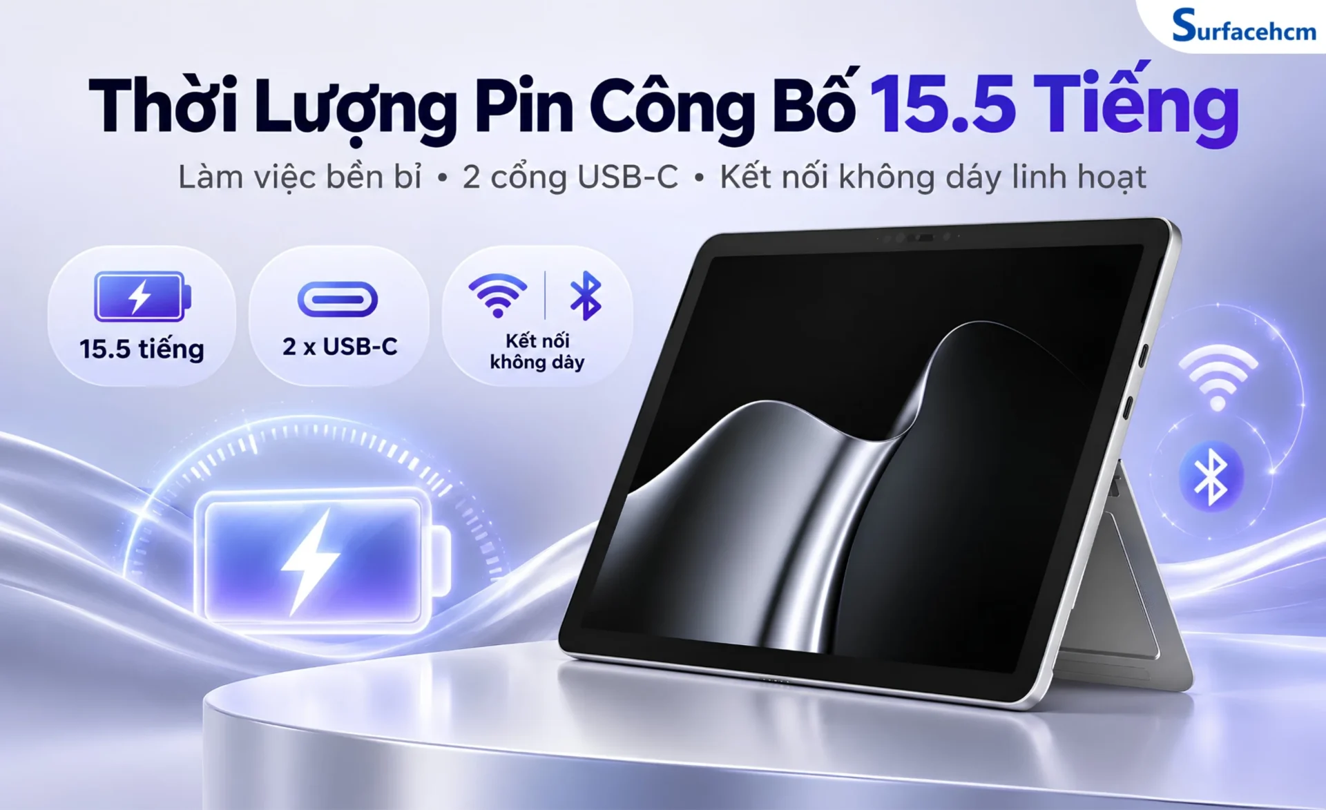 Surface Pro 12-inch thế hệ thứ 2 bản Wi-Fi có thời lượng pin công bố lên đến 15.5 giờ phát video cục bộ và khoảng 13 giờ duyệt web chủ động