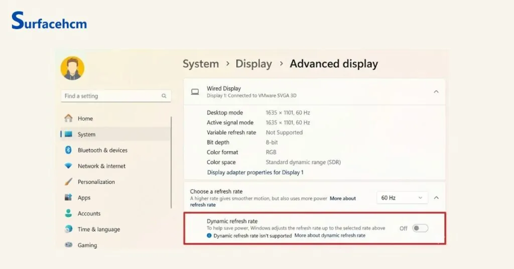 Tiết kiệm pin laptop Surface bằng cách tắt dynamic refreshrate 120hz