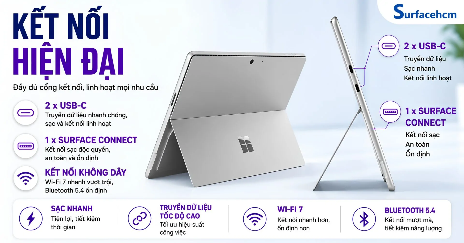 Surface Pro 12 được trang bị hệ thống kết nối đáp ứng nhu cầu làm việc trong nhiều môi trường khác nhau